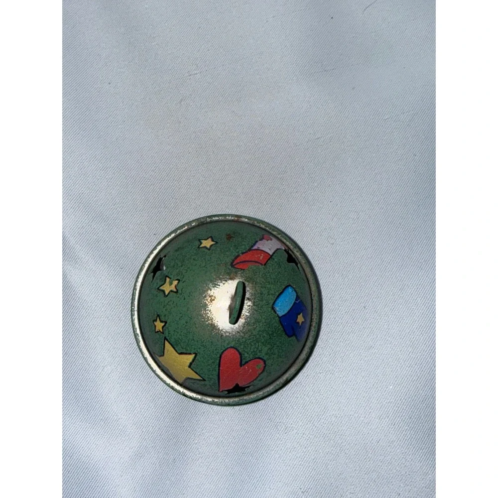 Vintage Christmas Jingle Bell Ornament Green Metal Painted Stars Hearts Mittens